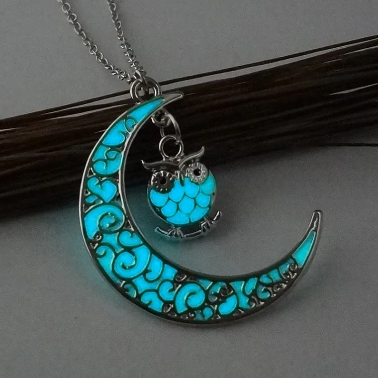 Moon Glowing Necklace Gem Charm Jewelry Silver Plated Pendant Hollow Stone Goth