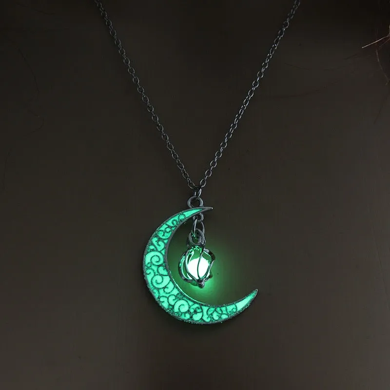 Moon Glowing Necklace Gem Charm Jewelry Silver Plated Pendant Hollow Stone Goth