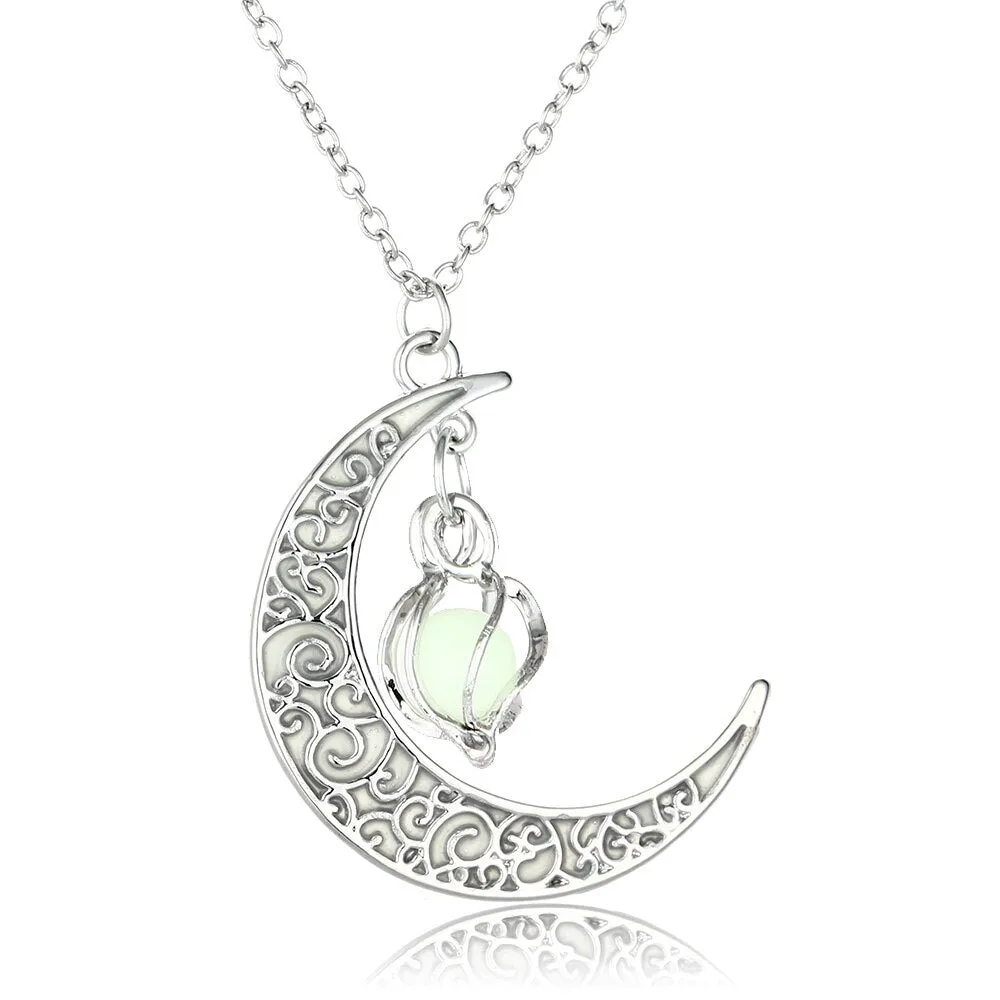 Moon Glowing Necklace Gem Charm Jewelry Silver Plated Pendant Hollow Stone Goth