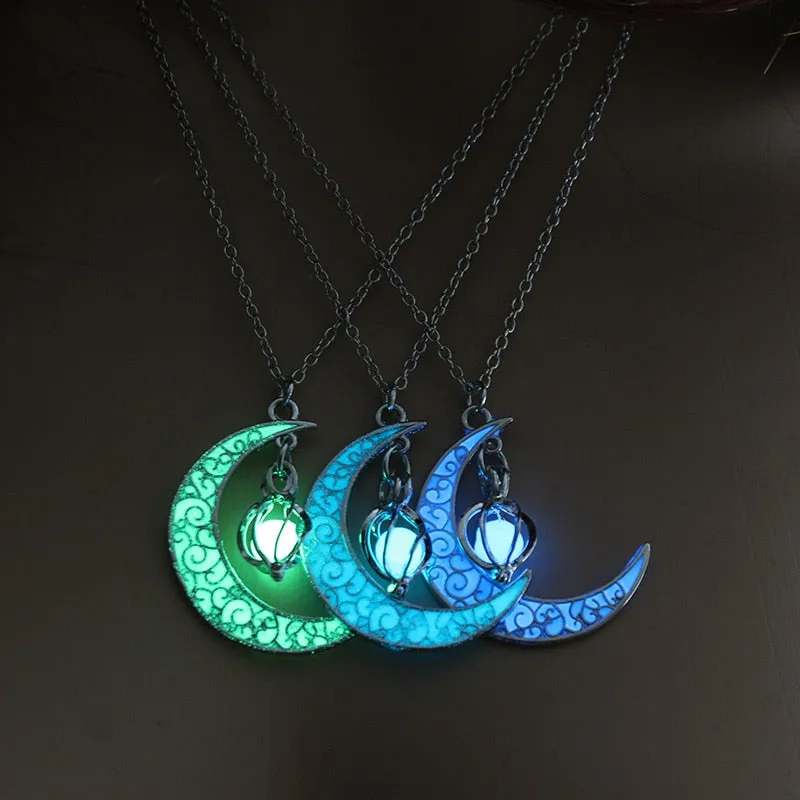 Moon Glowing Necklace Gem Charm Jewelry Silver Plated Pendant Hollow Stone Goth