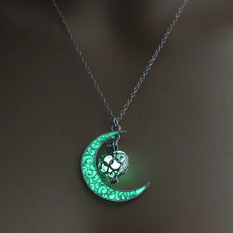 Moon Glowing Necklace Gem Charm Jewelry Silver Plated Pendant Hollow Stone Goth