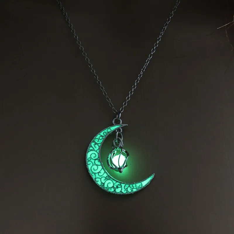 Moon Glowing Necklace Gem Charm Jewelry Silver Plated Pendant Hollow Stone Goth