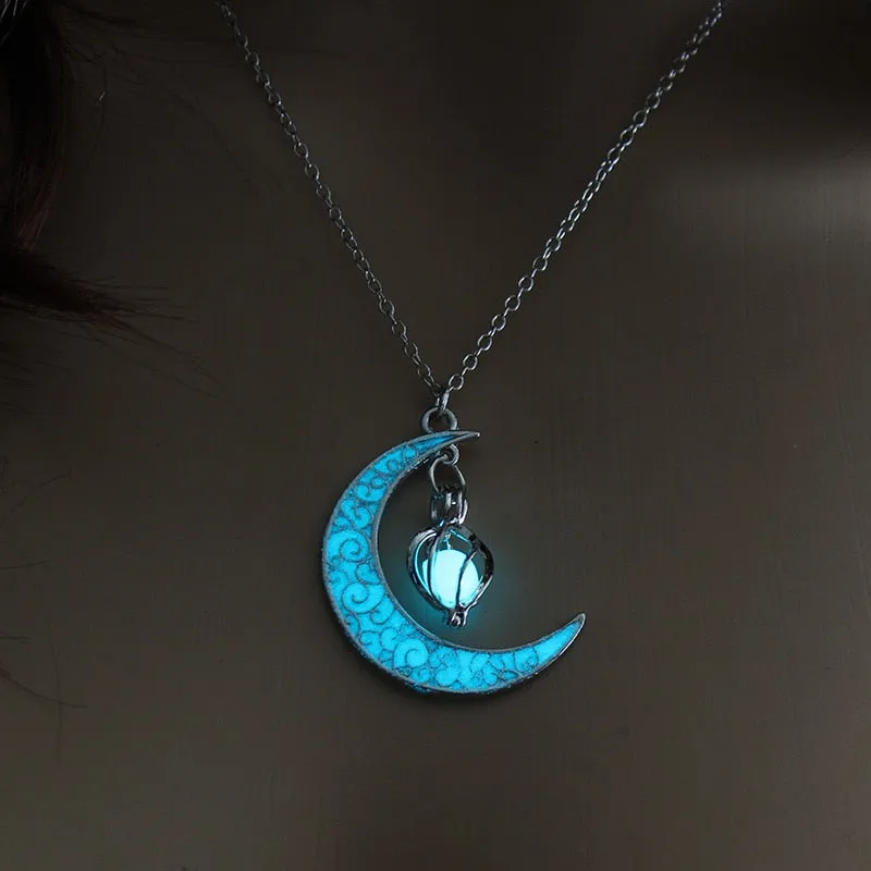 Moon Glowing Necklace Gem Charm Jewelry Silver Plated Pendant Hollow Stone Goth