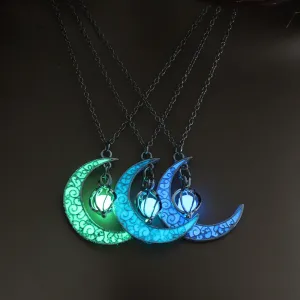 Moon Glowing Necklace Gem Charm Jewelry Silver Plated Pendant Hollow Stone Goth