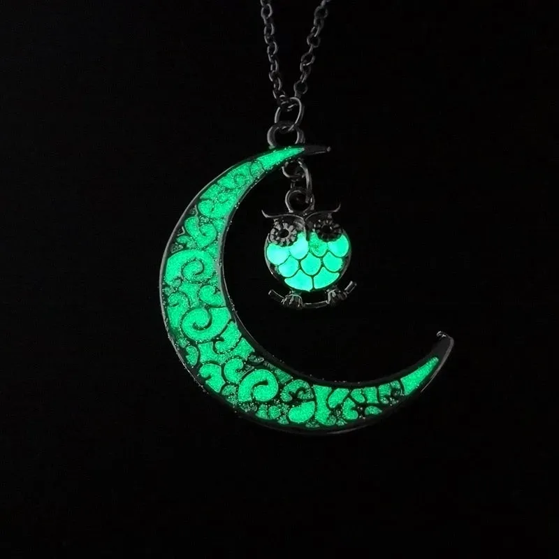 Moon Glowing Necklace Gem Charm Jewelry Silver Plated Pendant Hollow Stone Goth