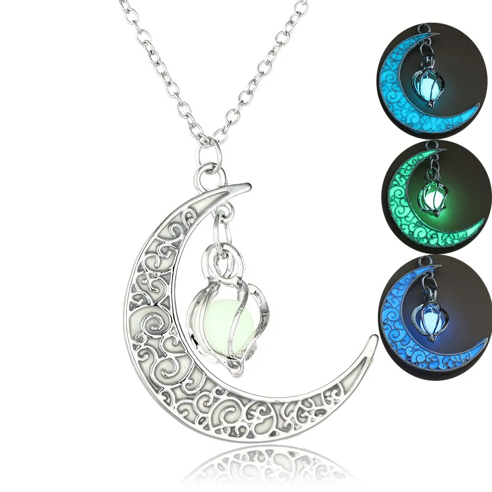 Moon Glowing Necklace Gem Charm Jewelry Silver Plated Pendant Hollow Stone Goth