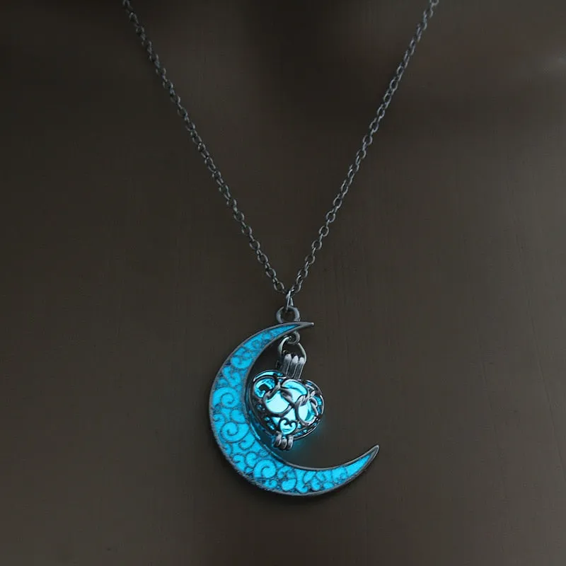 Moon Glowing Necklace Gem Charm Jewelry Silver Plated Pendant Hollow Stone Goth