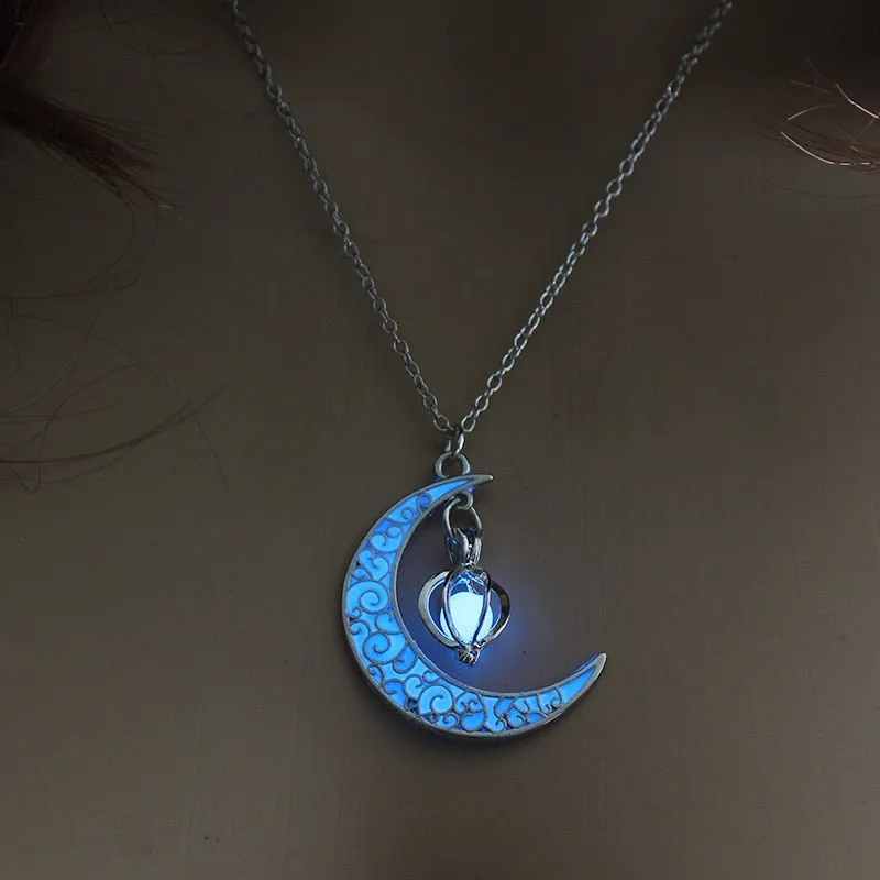 Moon Glowing Necklace Gem Charm Jewelry Silver Plated Pendant Hollow Stone Goth