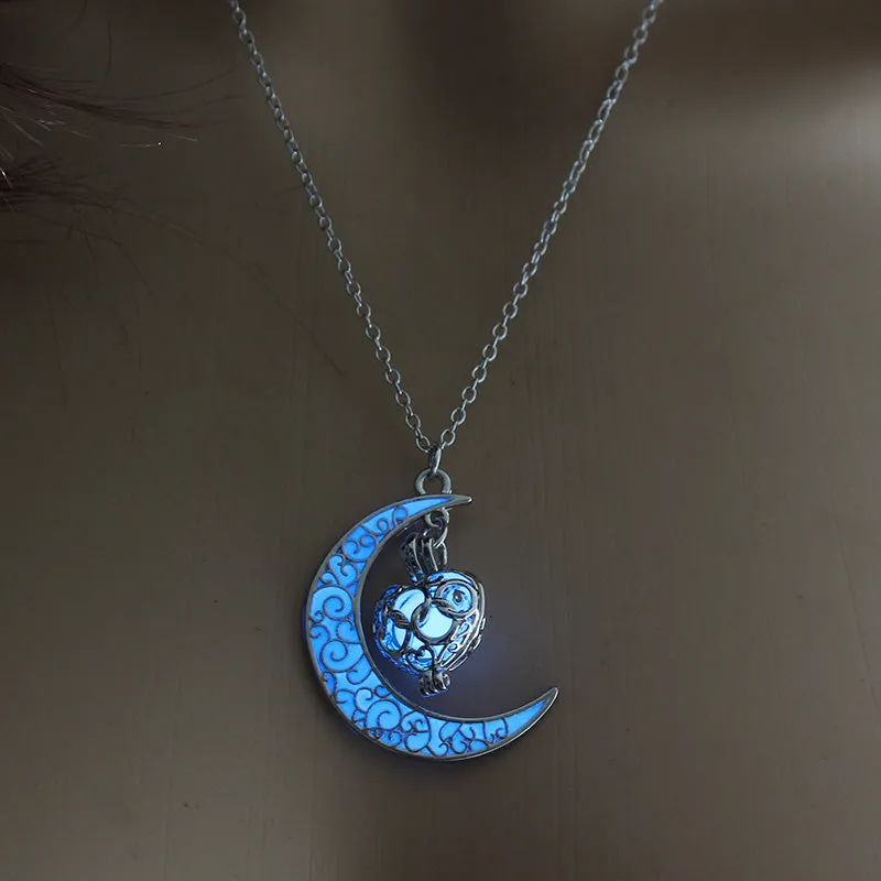 Moon Glowing Necklace Gem Charm Jewelry Silver Plated Pendant Hollow Stone Goth