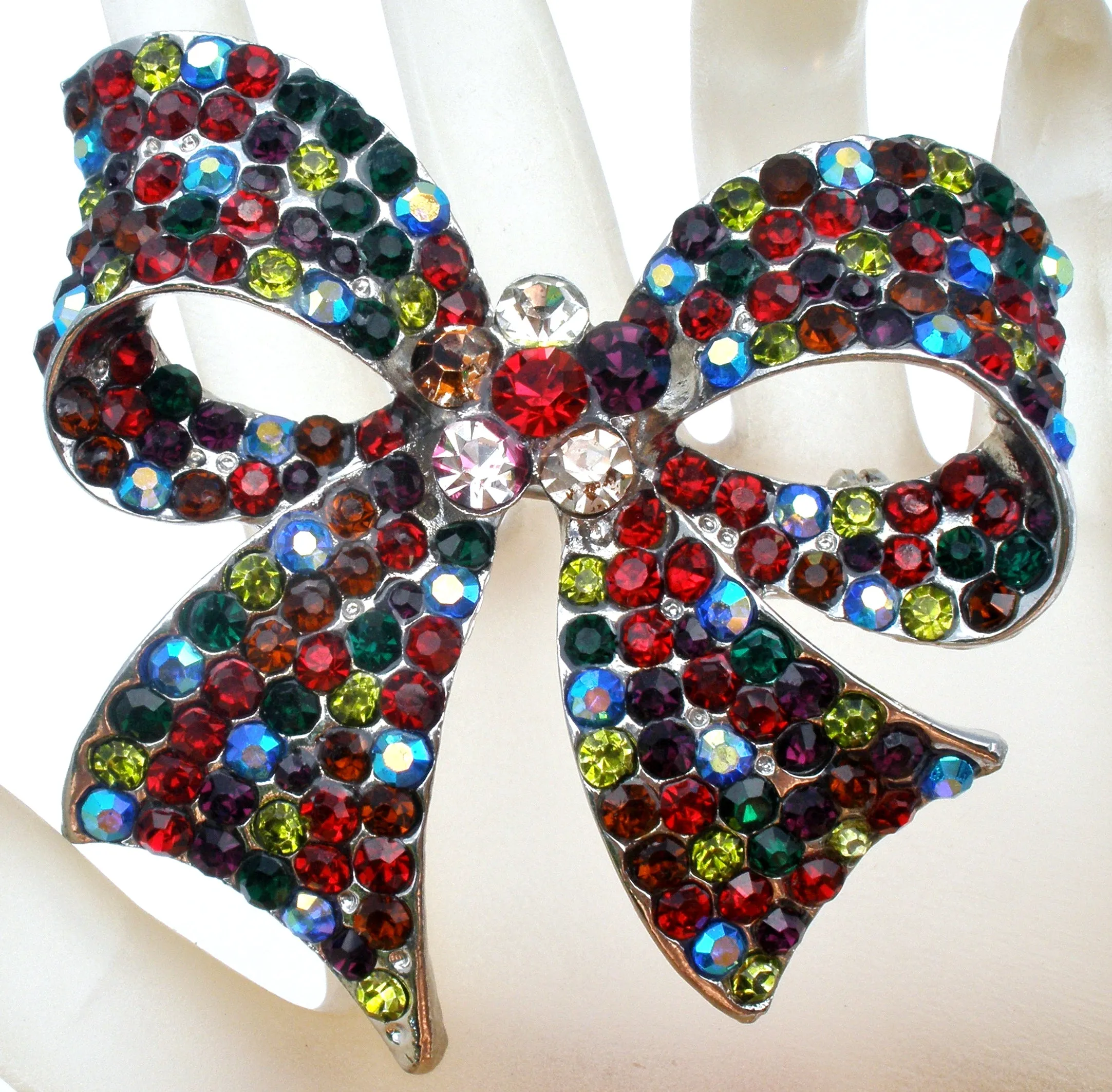 Multi Color Rhinestone Bow Brooch Pin