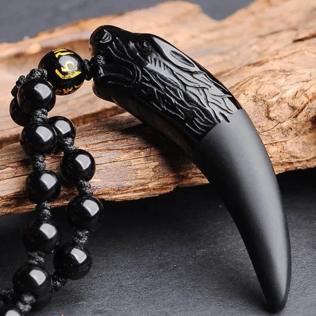 Nature Obsidian Wolf Tooth Pendant Necklaces Lucky Beaded Rope Couple Necklaces Black and Ice Obsidian Amulets Necklaces Jewelry