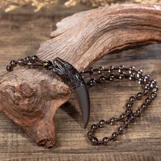 Nature Obsidian Wolf Tooth Pendant Necklaces Lucky Beaded Rope Couple Necklaces Black and Ice Obsidian Amulets Necklaces Jewelry