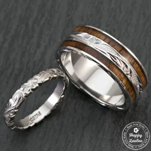 Pair of Hand Engraved Platinum and Sterling Silver Wedding Ring Set with Hawaiian Koa Wood Inlay