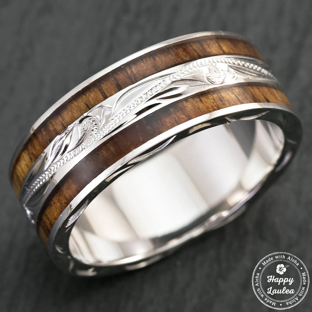 Pair of Hand Engraved Platinum and Sterling Silver Wedding Ring Set with Hawaiian Koa Wood Inlay