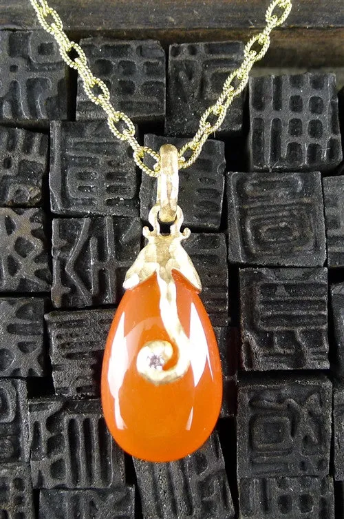 Pamela Froman 18K Yellow Gold, Diamond, Carnelian, and Chalcedony Drop Pendants with Chain Necklaces