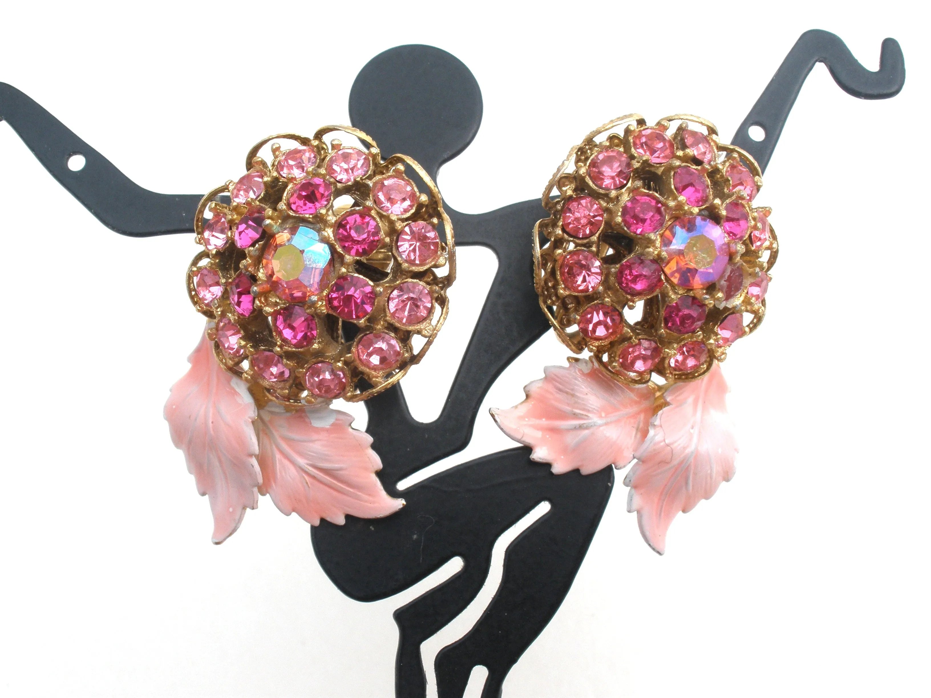 Pink Flower Rhinestone & Enamel Brooch Set Vintage