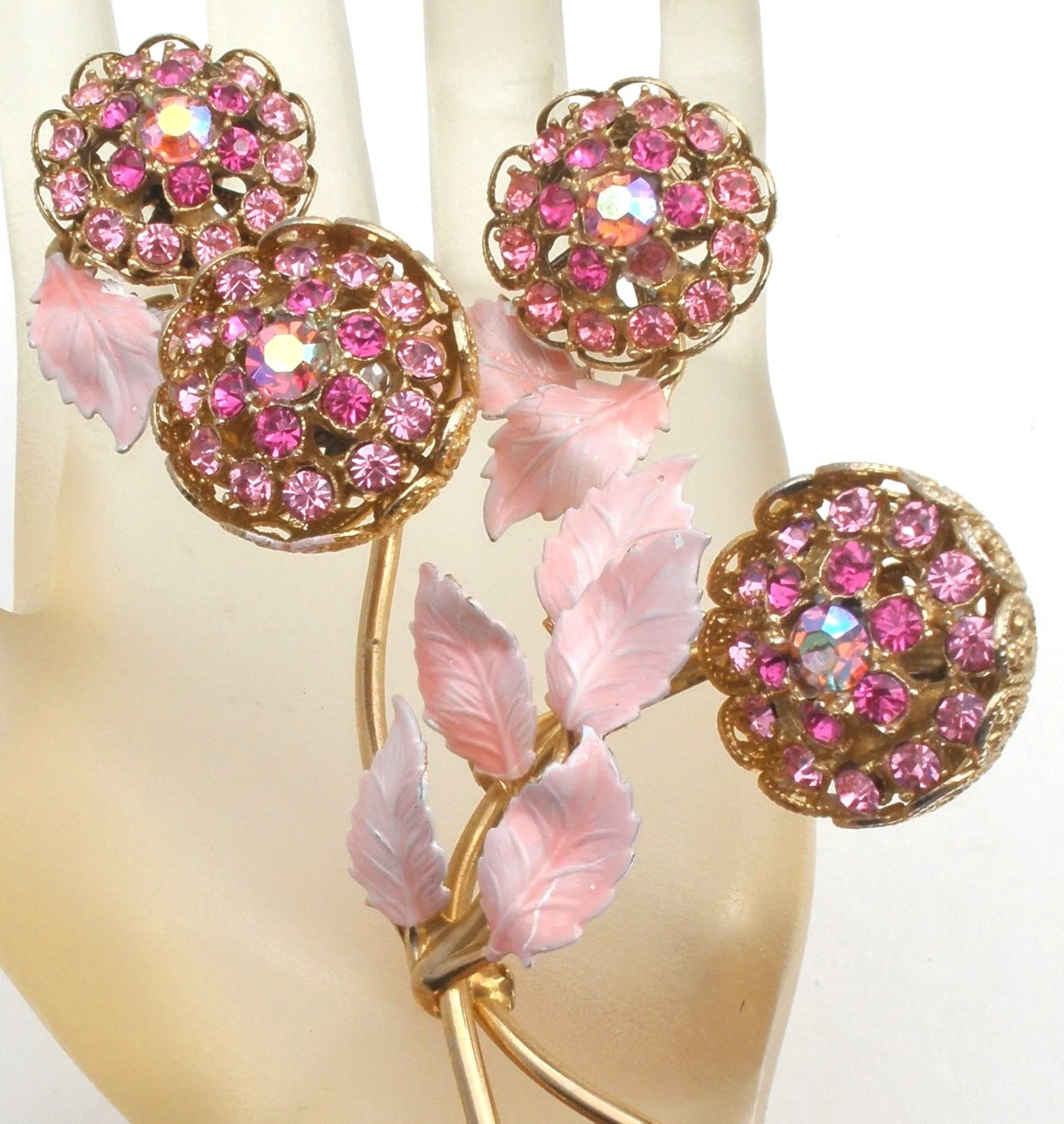 Pink Flower Rhinestone & Enamel Brooch Set Vintage