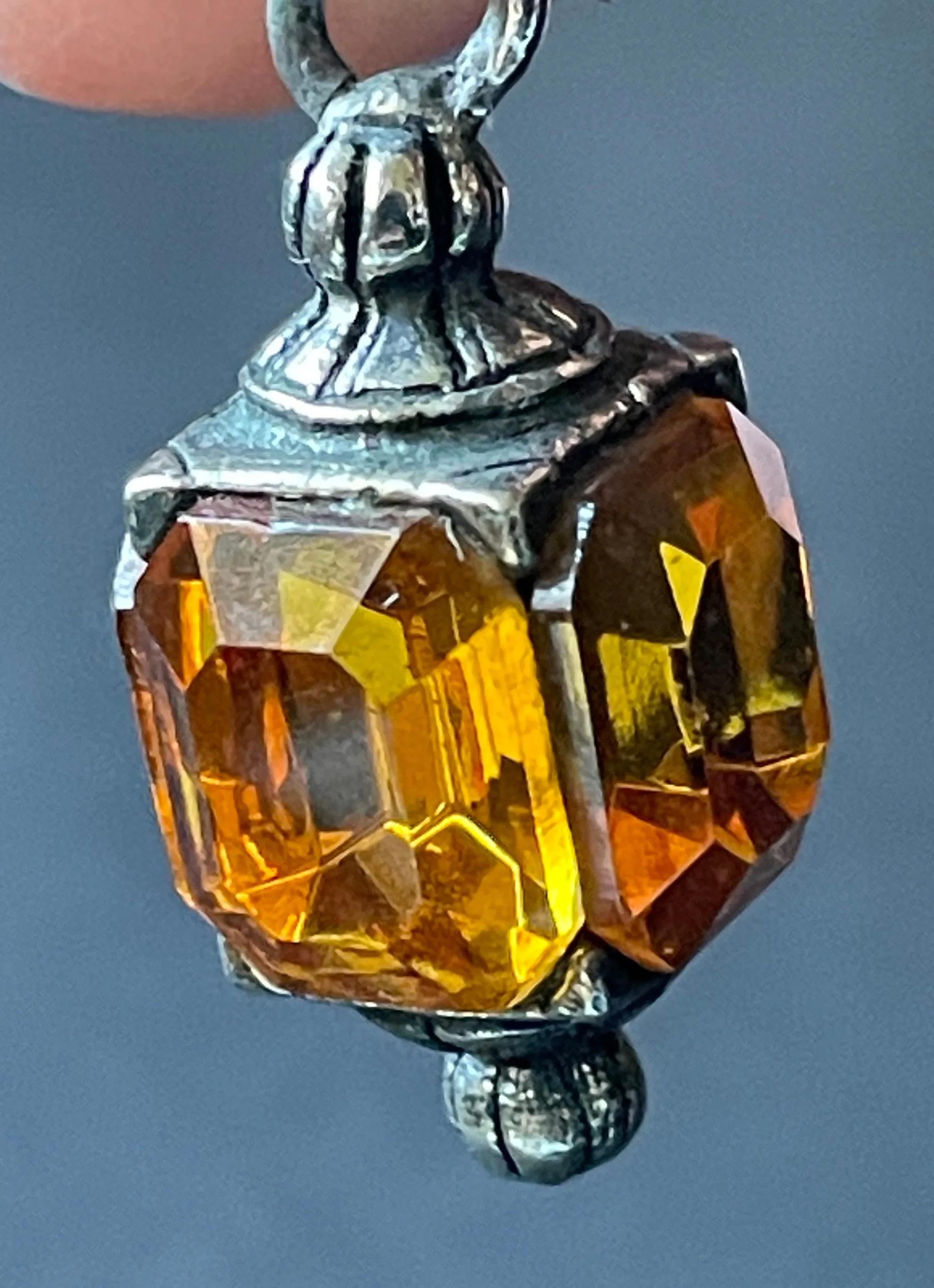 Quirky vintage figural hanging lantern brooch with citrine / topaz yellow orange rhinestones set in silver tone