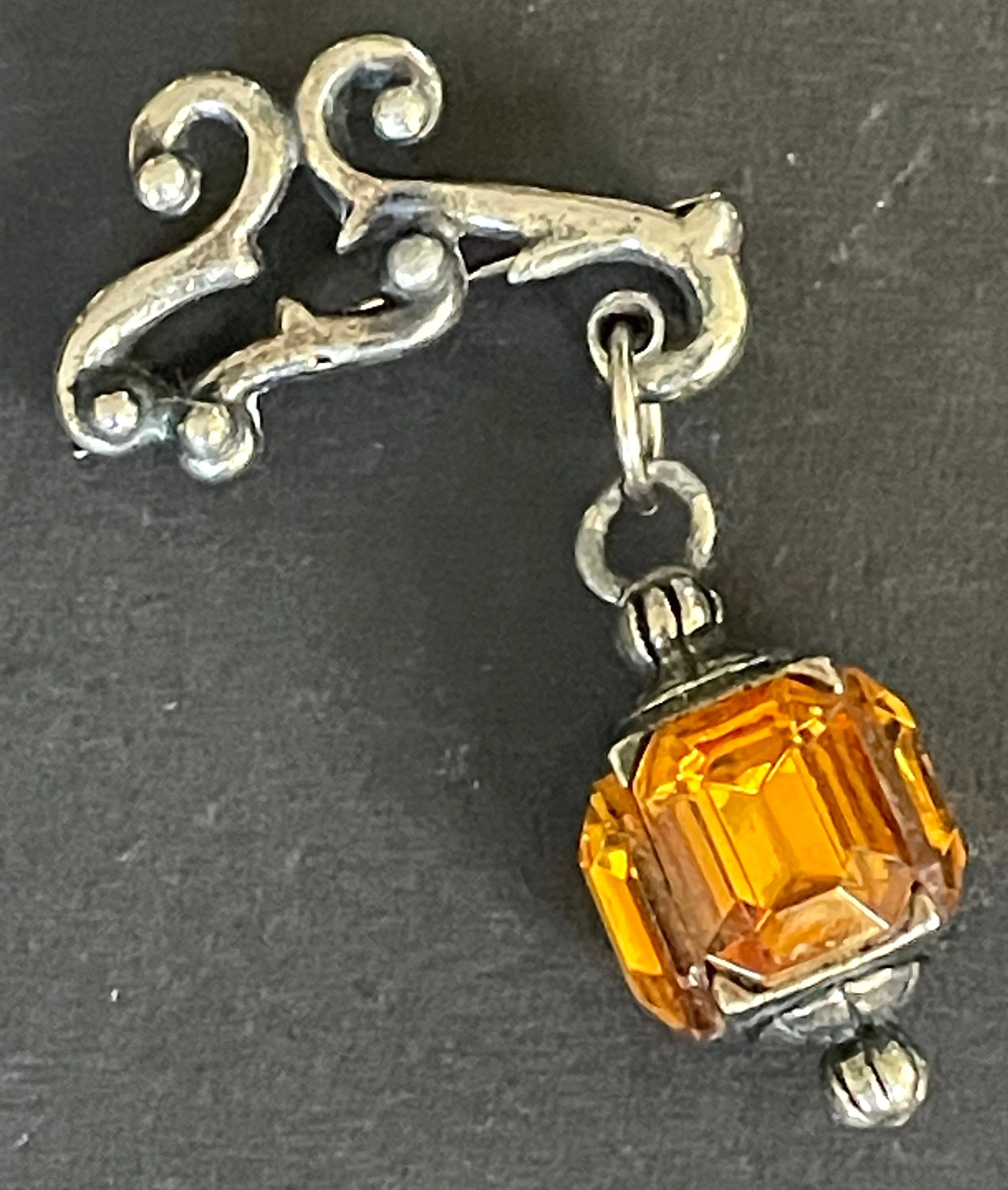 Quirky vintage figural hanging lantern brooch with citrine / topaz yellow orange rhinestones set in silver tone