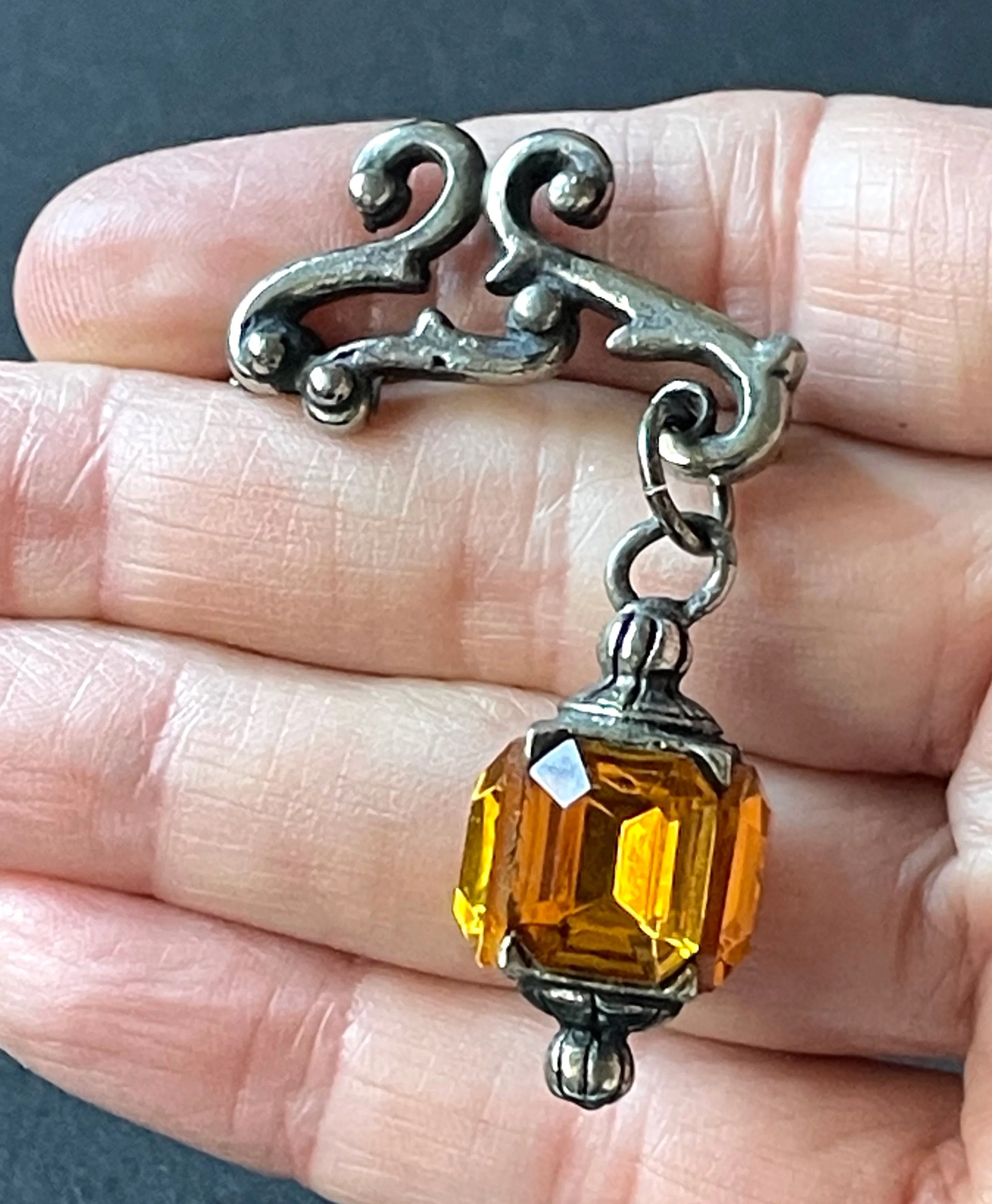 Quirky vintage figural hanging lantern brooch with citrine / topaz yellow orange rhinestones set in silver tone