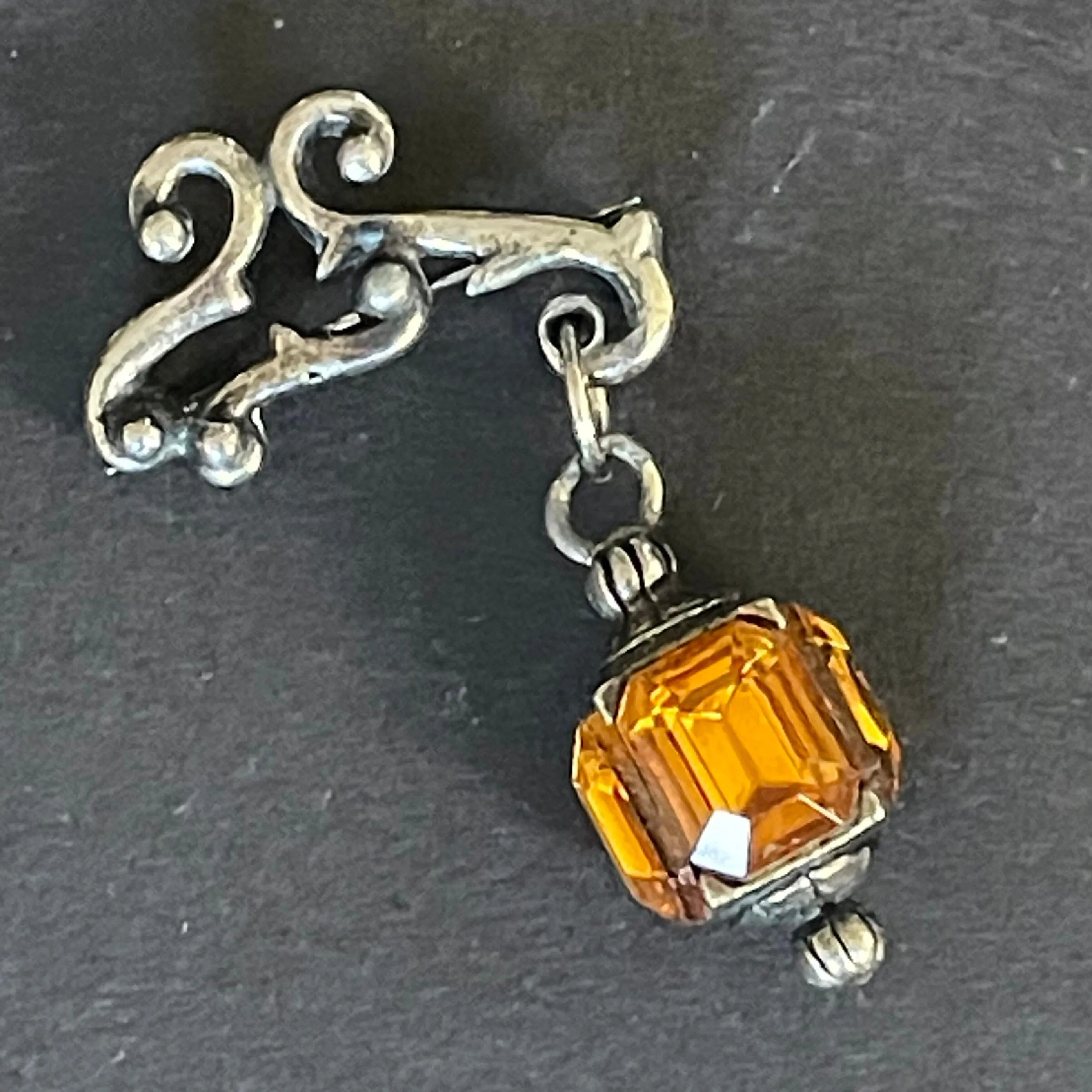 Quirky vintage figural hanging lantern brooch with citrine / topaz yellow orange rhinestones set in silver tone