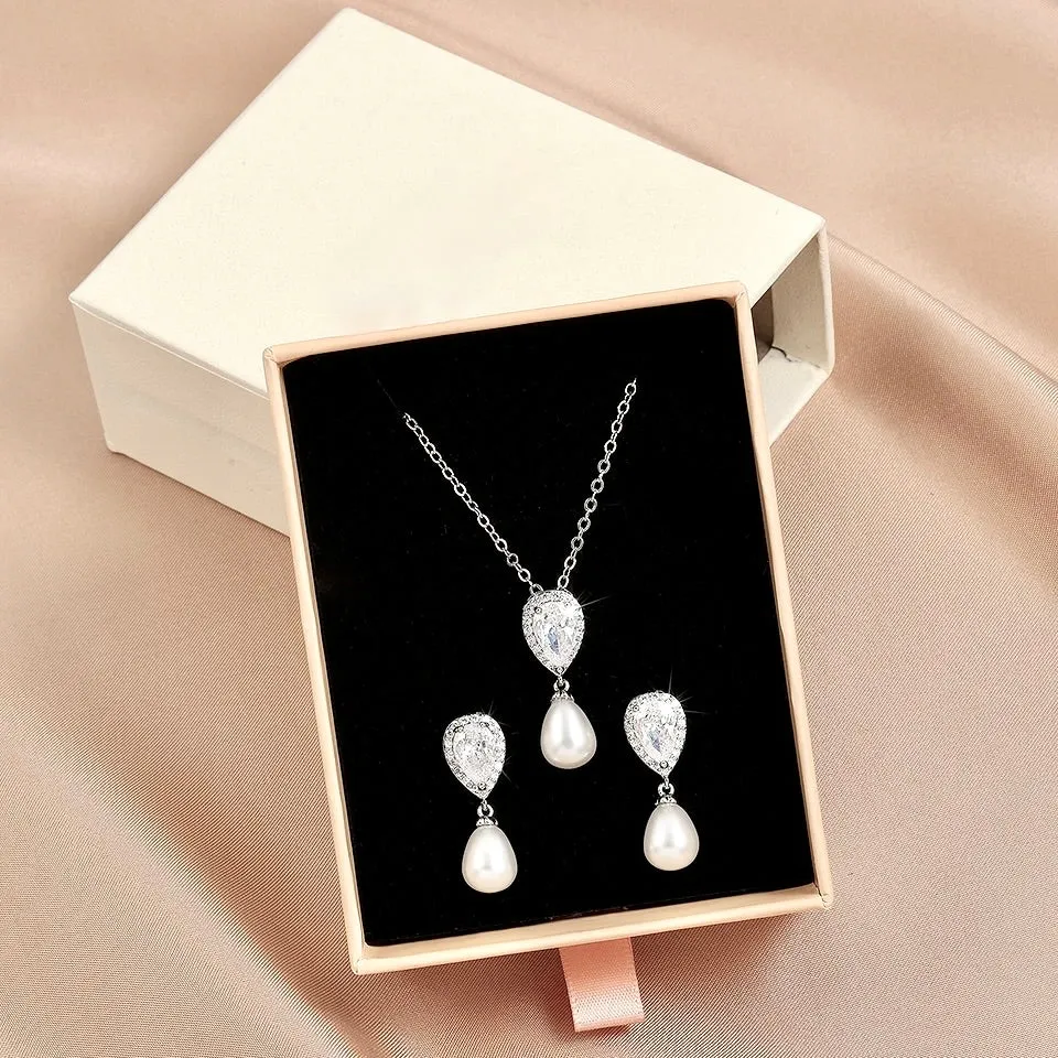 "Janna" - Pearl and Cubic Zirconia Bridal Necklace and Earrings Set - Available in Silver, Rose Gold and Yellow Gold