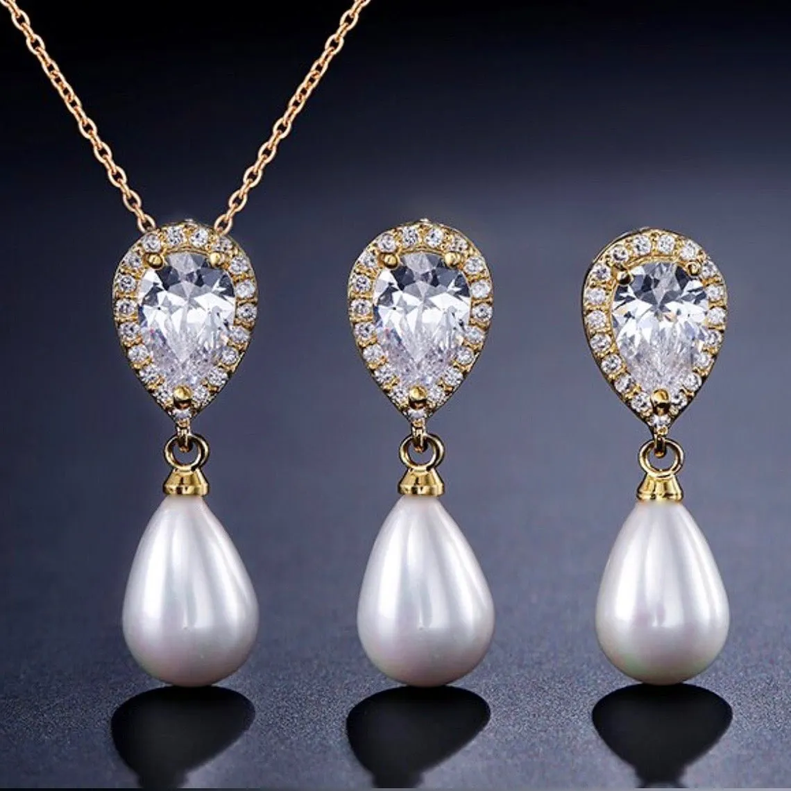 "Janna" - Pearl and Cubic Zirconia Bridal Necklace and Earrings Set - Available in Silver, Rose Gold and Yellow Gold