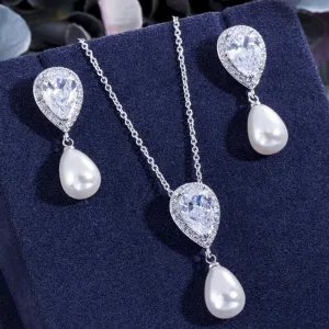 "Janna" - Pearl and Cubic Zirconia Bridal Necklace and Earrings Set - Available in Silver, Rose Gold and Yellow Gold