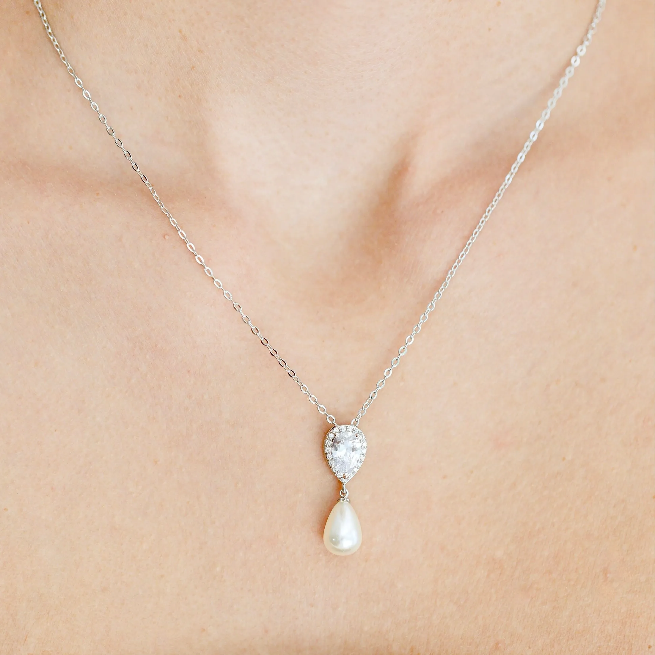 "Janna" - Pearl and Cubic Zirconia Bridal Necklace and Earrings Set - Available in Silver, Rose Gold and Yellow Gold