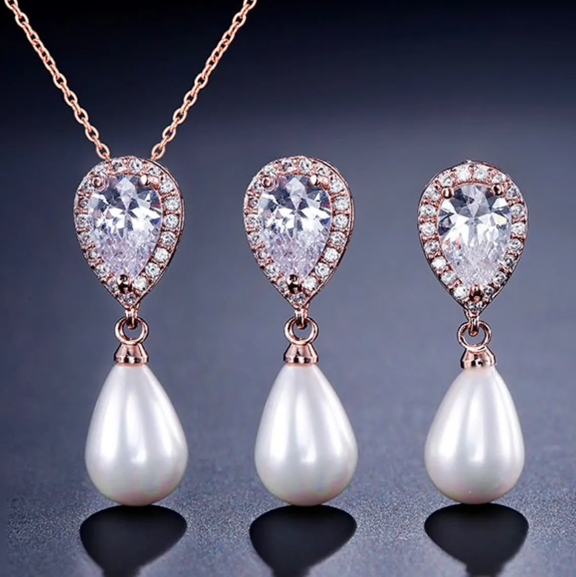 "Janna" - Pearl and Cubic Zirconia Bridal Necklace and Earrings Set - Available in Silver, Rose Gold and Yellow Gold