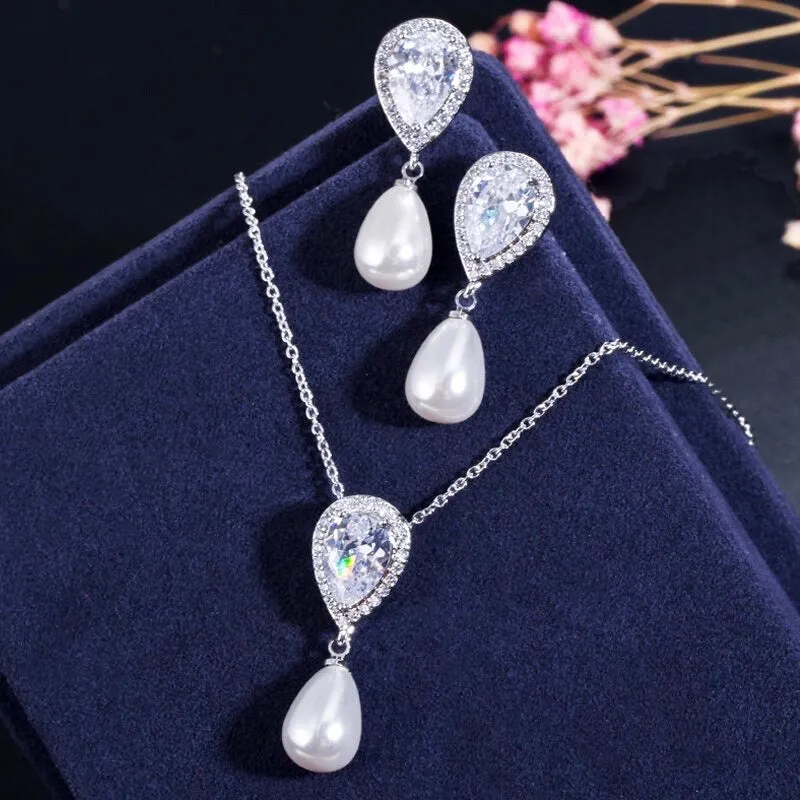 "Janna" - Pearl and Cubic Zirconia Bridal Necklace and Earrings Set - Available in Silver, Rose Gold and Yellow Gold