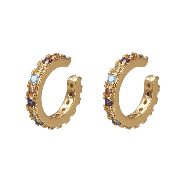 Rainbow Earrings Cubic Zirconia Ear Cuff Set for Female Trendy Gold Clip on Earrings Ear cuff