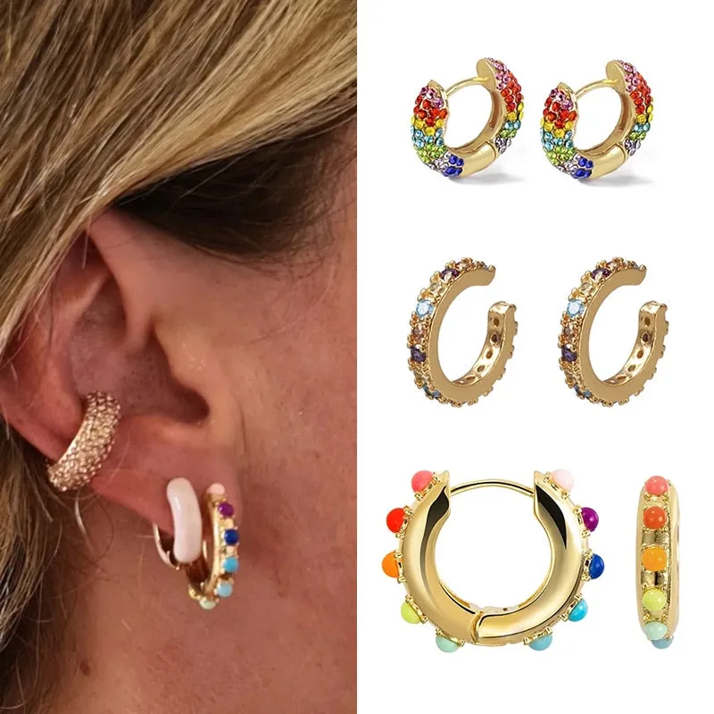 Rainbow Earrings Cubic Zirconia Ear Cuff Set for Female Trendy Gold Clip on Earrings Ear cuff