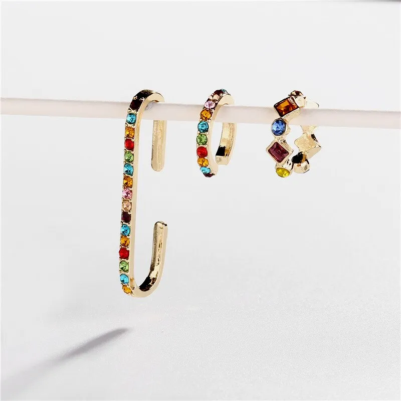 Rainbow Earrings Cubic Zirconia Ear Cuff Set for Female Trendy Gold Clip on Earrings Ear cuff