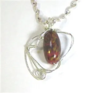 Red Handmade Artisan Bead Wire Wrap Pendant Sterling Silver Chain