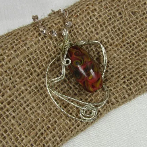 Red Handmade Artisan Bead Wire Wrap Pendant Sterling Silver Chain