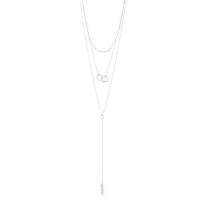 Rhodium Plated Pearl Y- Lariat Layered Necklace