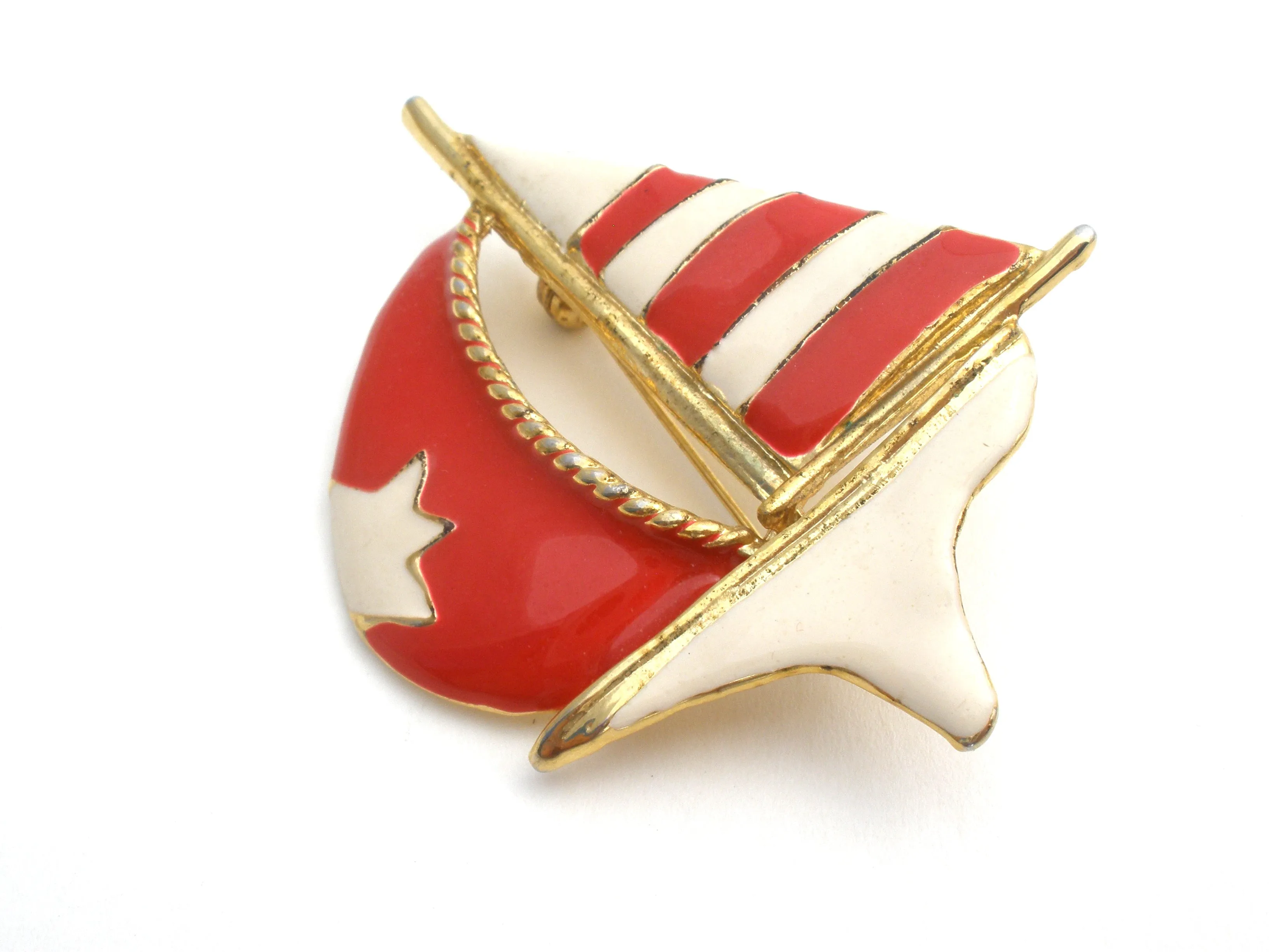 Sailboat Brooch Red & White Star Enamel Nautical Pin Vintage