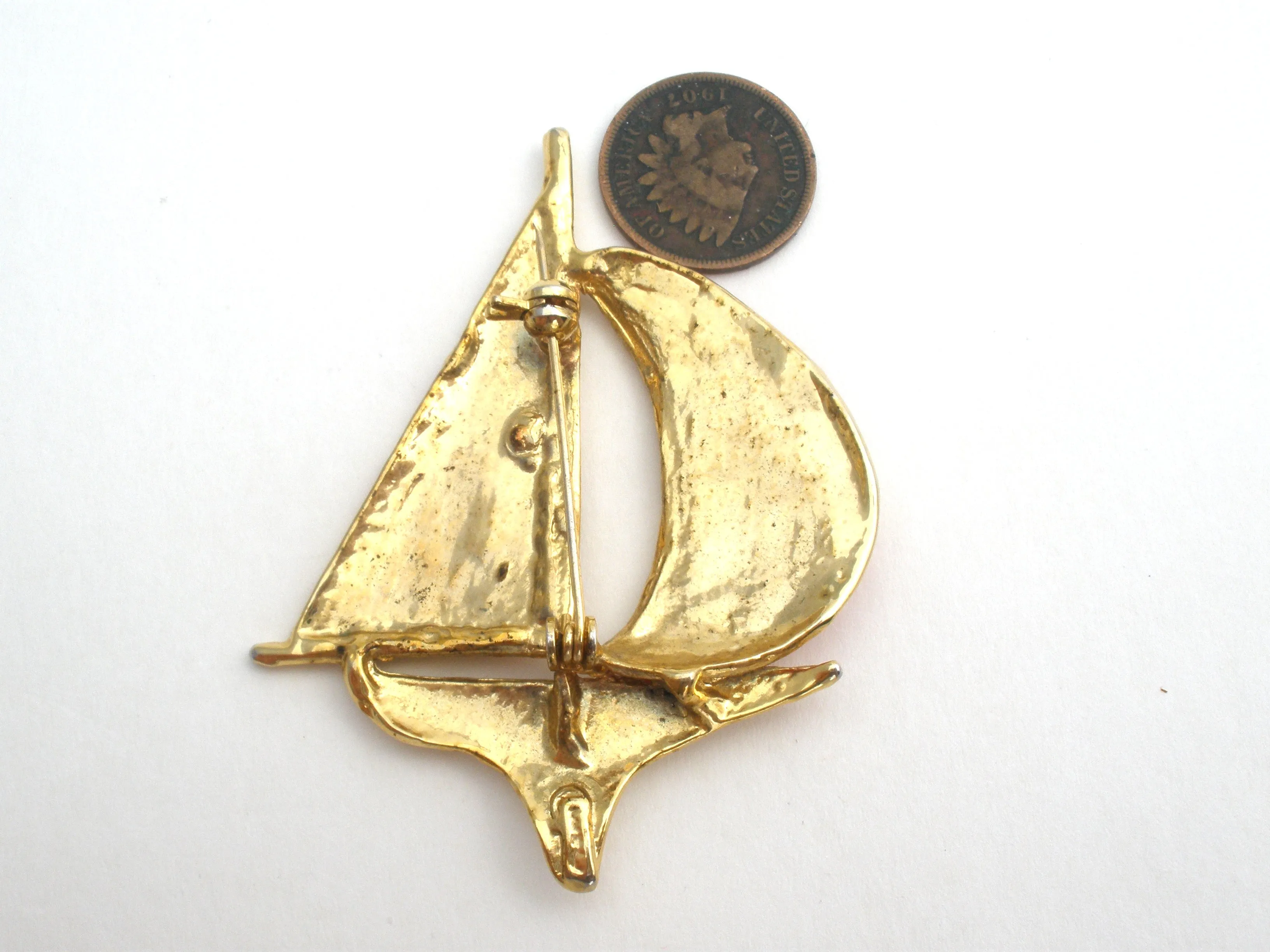 Sailboat Brooch Red & White Star Enamel Nautical Pin Vintage