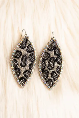 SALE! Crystal Trimmed Silver Leopard Seed Bead Marquise Earrings