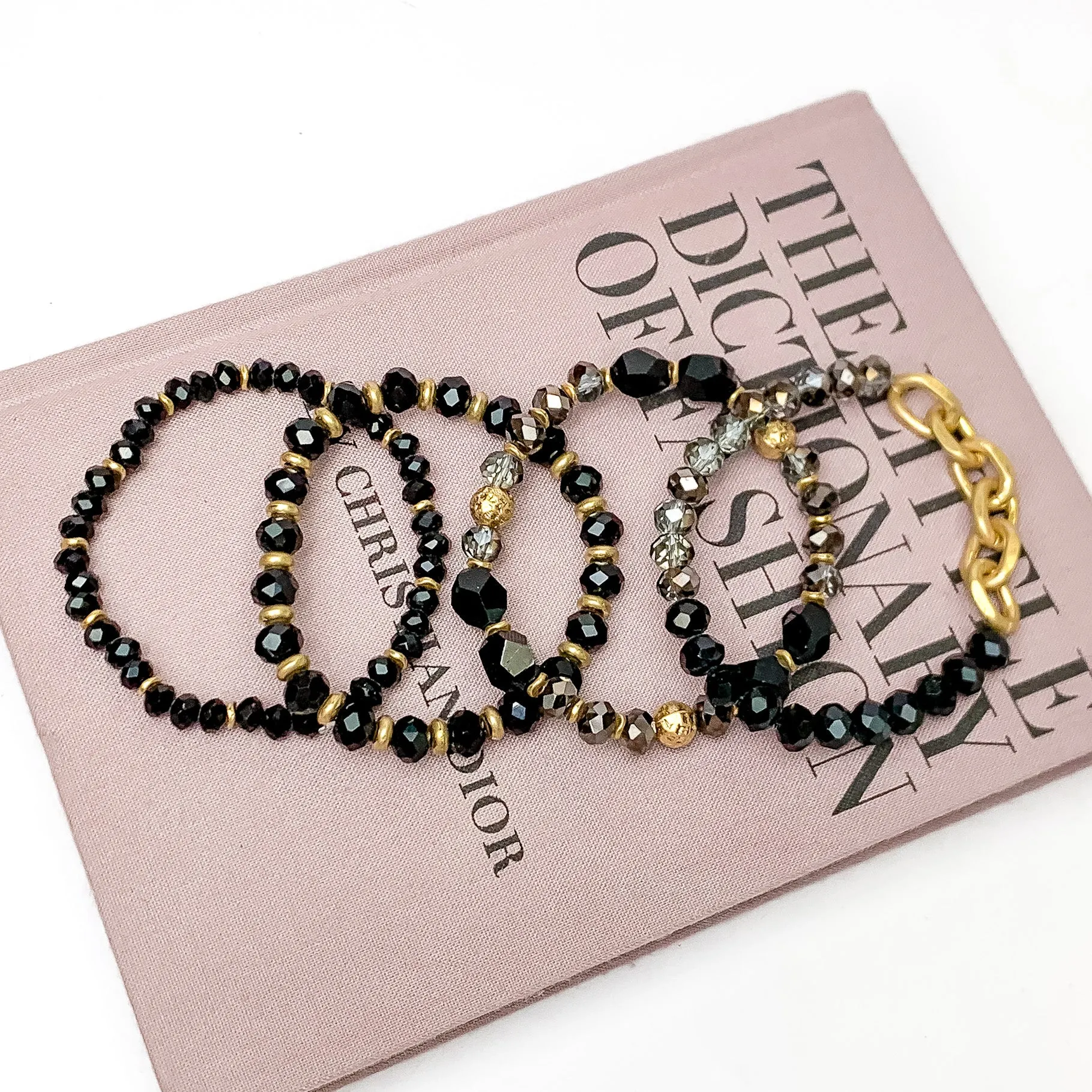 Set of Four | Glorious Gold Crystal Beaded Bracelet Set in Black