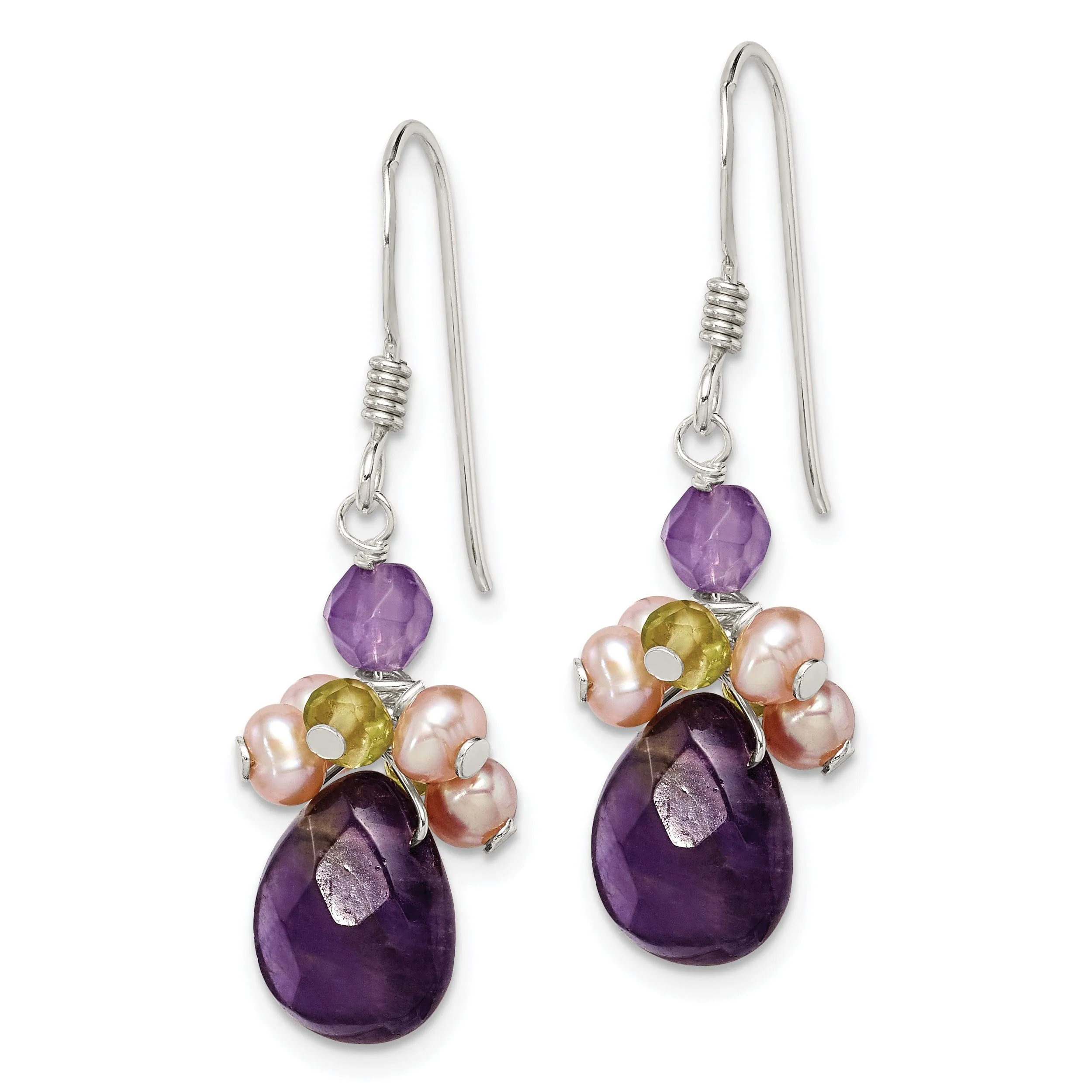 Silver Amethyst Peridot Pearl Dangle Earrings