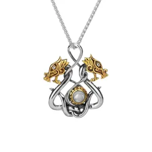 Silver and 10k Gold Double Headed Dragon Pendant - White Topaz