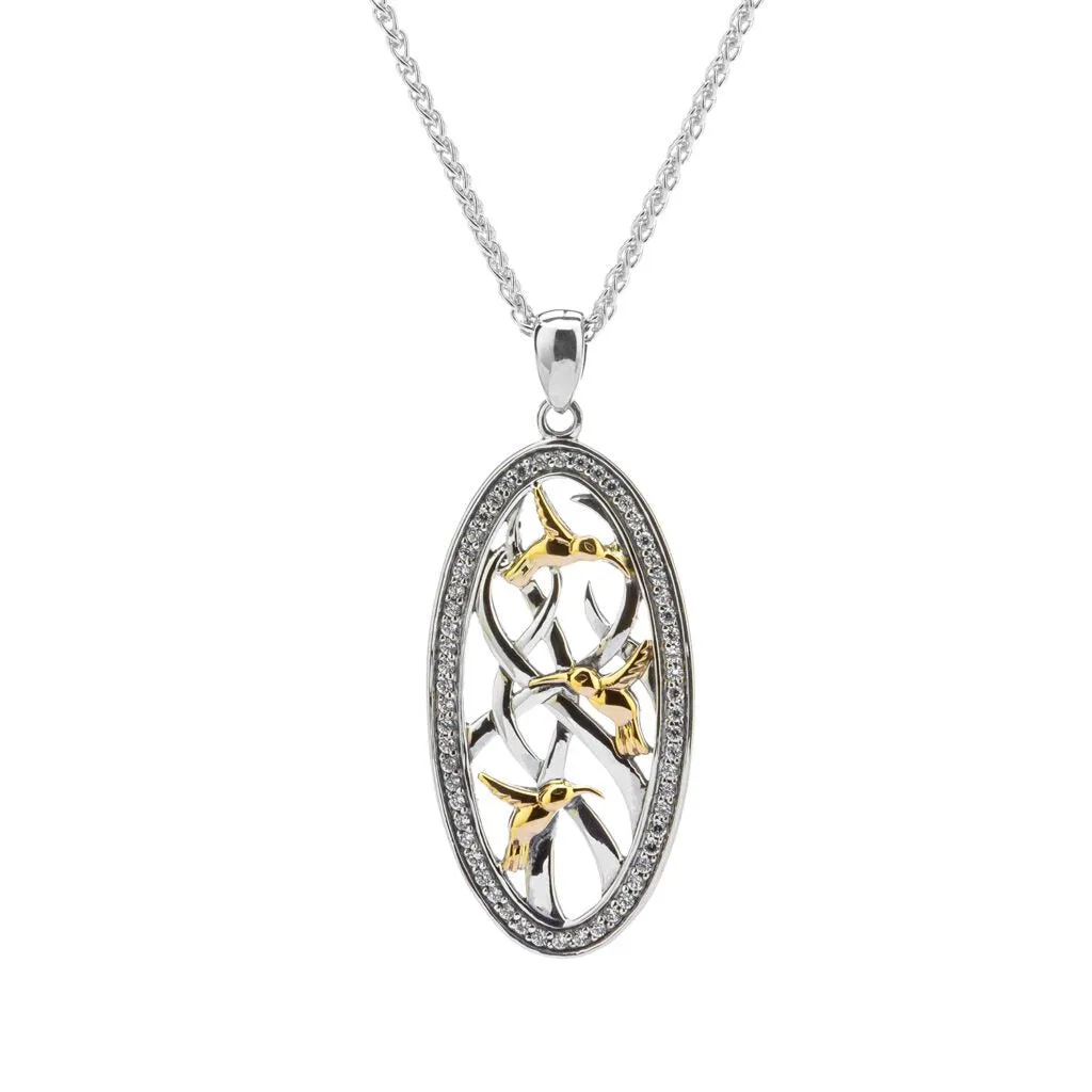 Silver and 10k Gold Triple Hummingbird Pendant - White Cubic Zirconia