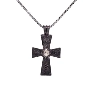 Silver and Black Rhodium Raw Diamond Patterned Cross