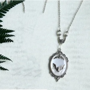 Silver Cameo Necklace w/ Bat Detail