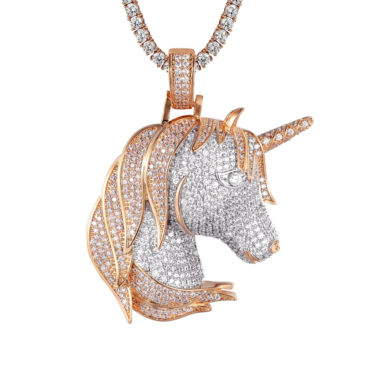 Silver Lucky Unicorn Animal Face Rose Gold Finish Pendant