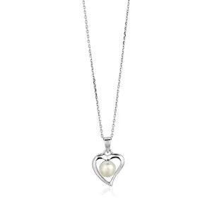 Size: 18'' - Sterling Silver Open Heart Necklace with Freshwater Pearl