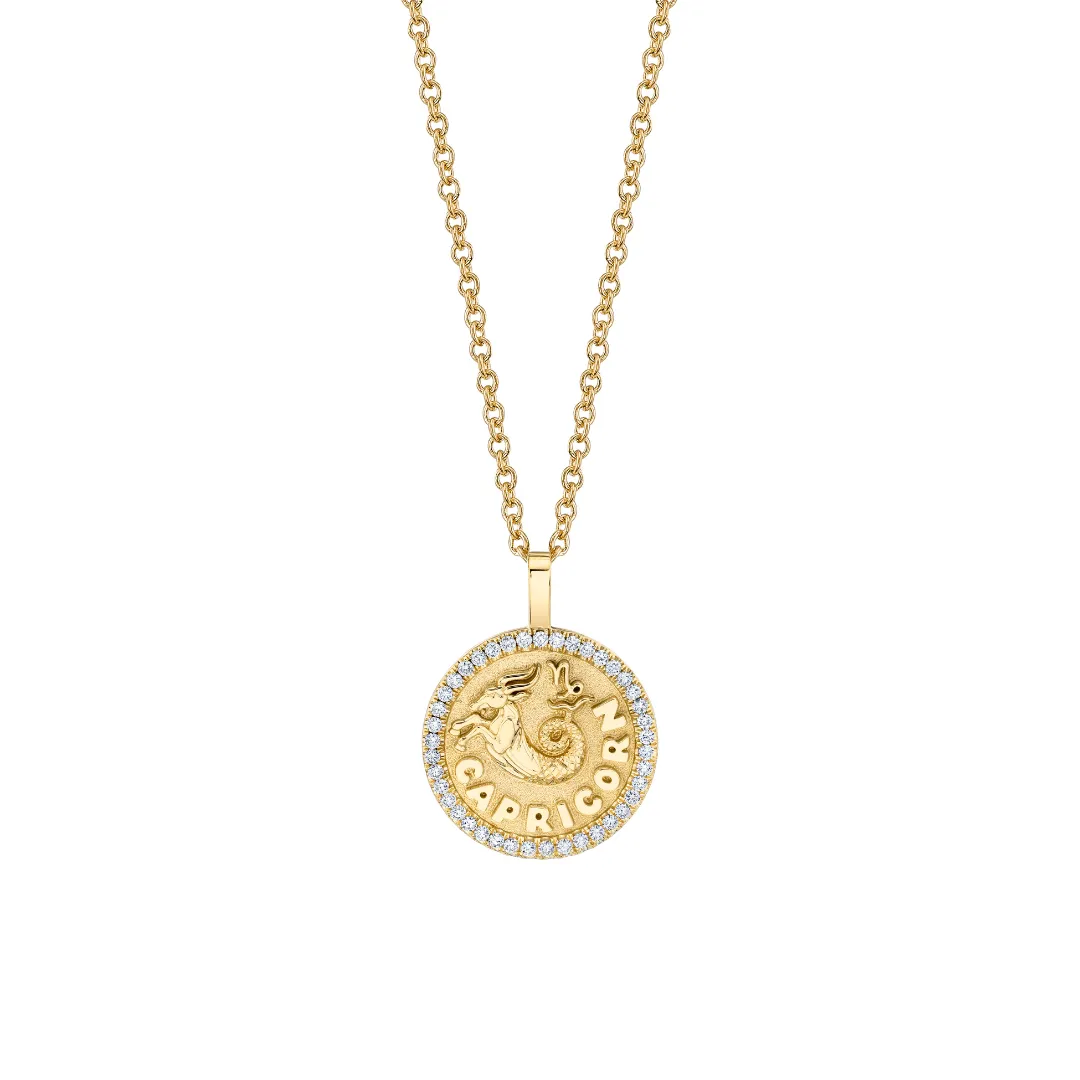 SMALL ZODIAC COIN PENDANT WITH DIAMOND FRAME