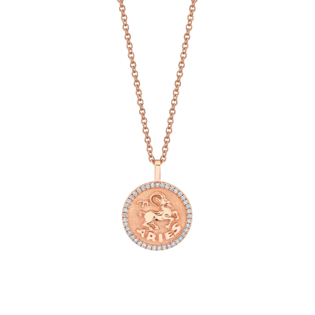 SMALL ZODIAC COIN PENDANT WITH DIAMOND FRAME